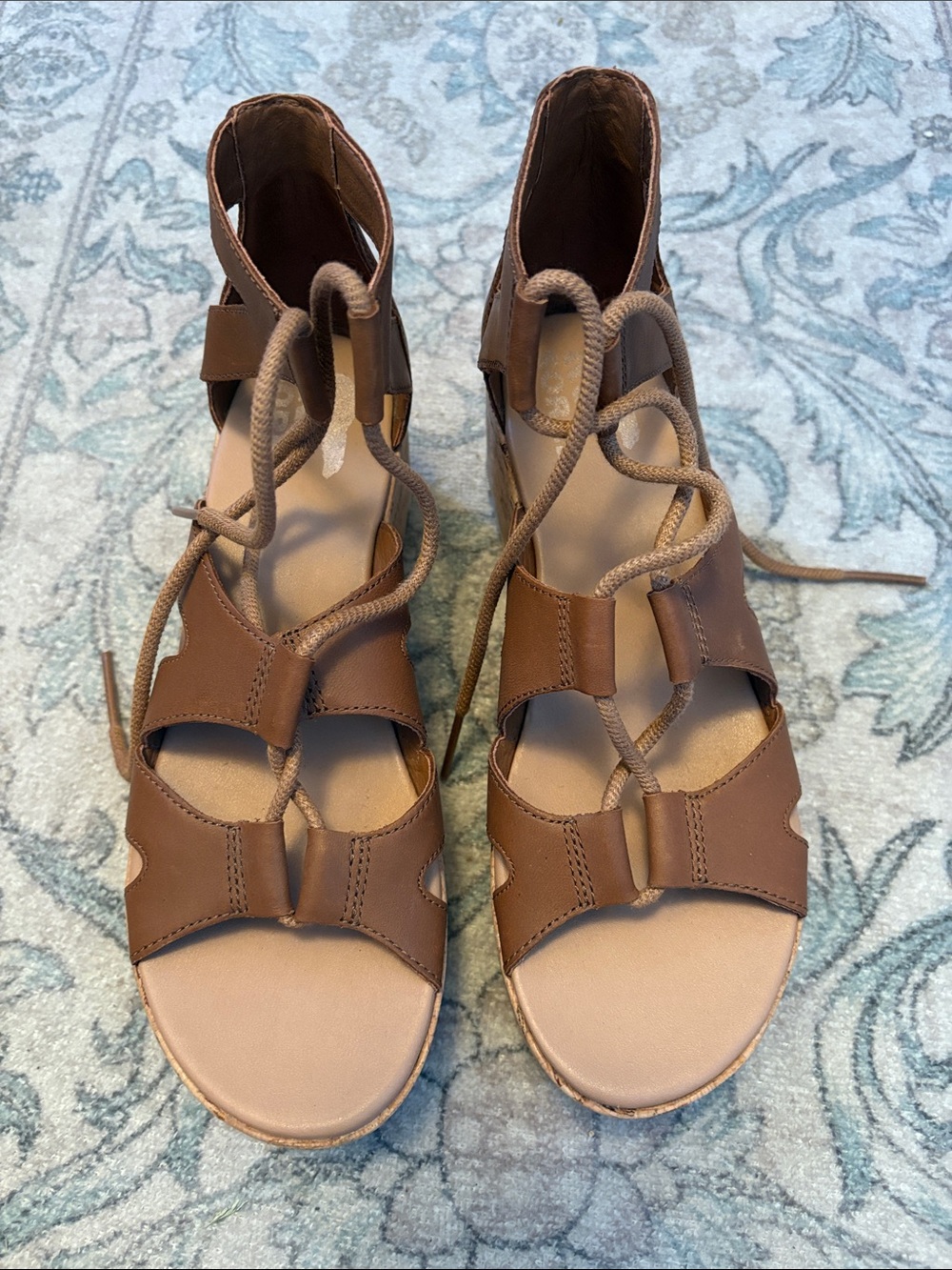 Sorel Tan Lace-Up Cork Wedge Sandals EUC